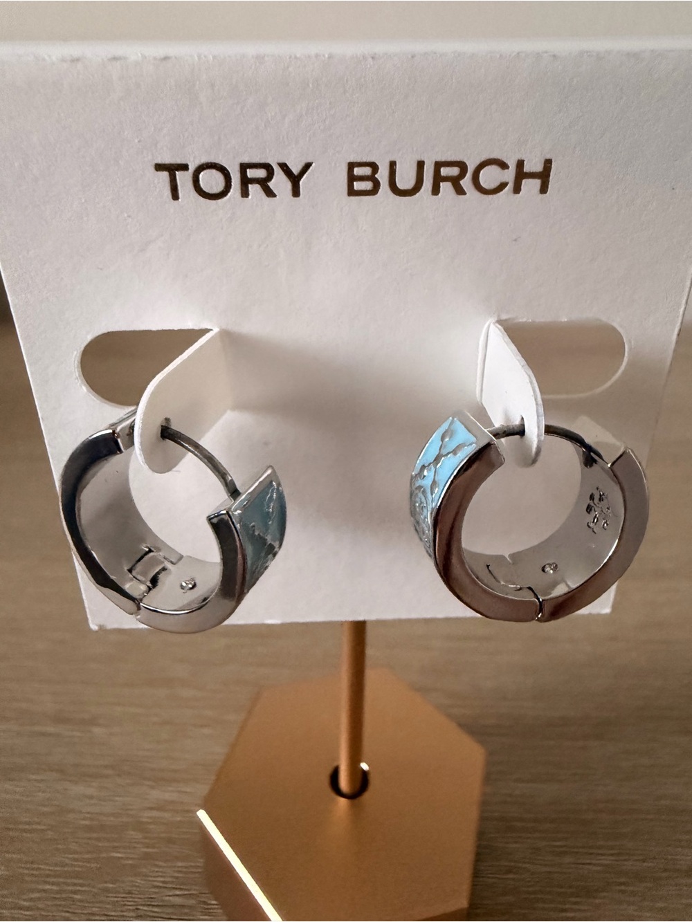 Tory Burch Silver Hoop Earrings with Light Blue Enamel